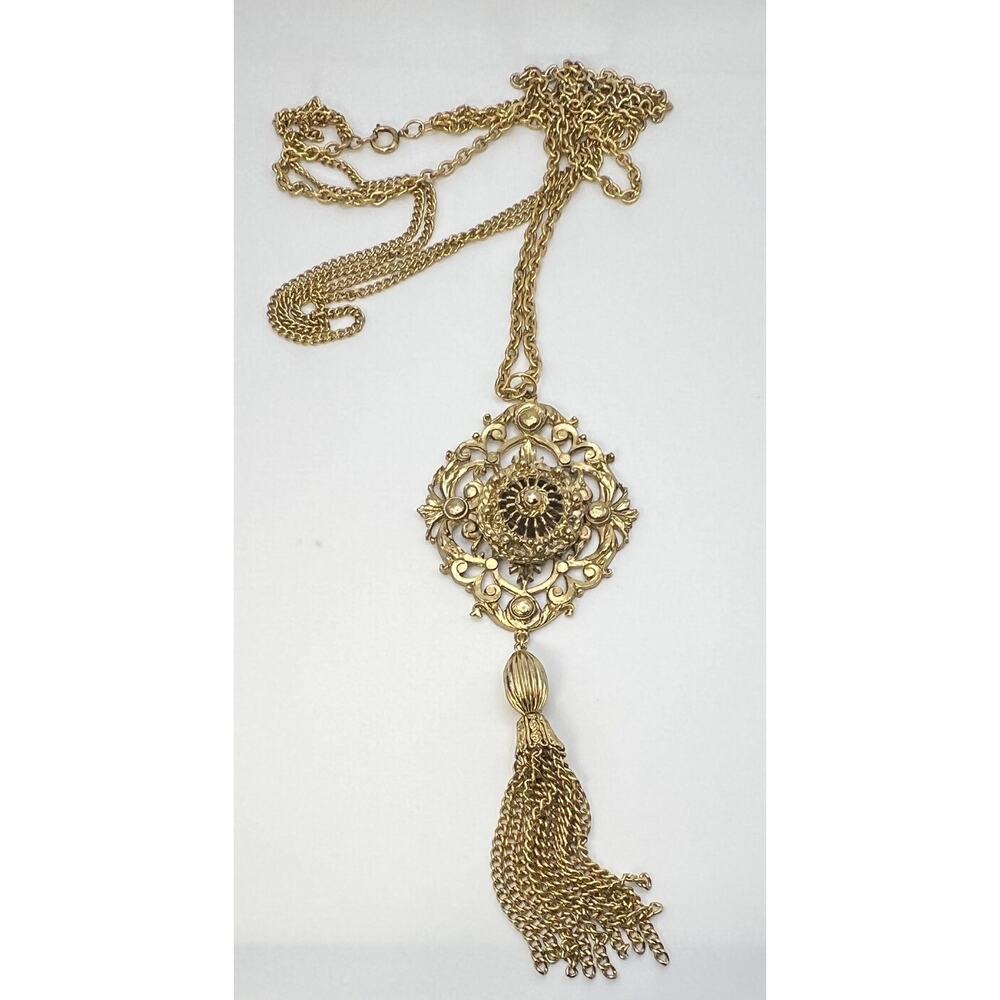 Vintage Gold Tone Large Heavy Filigree Costume Pendant 3 Chain Tassel Necklace